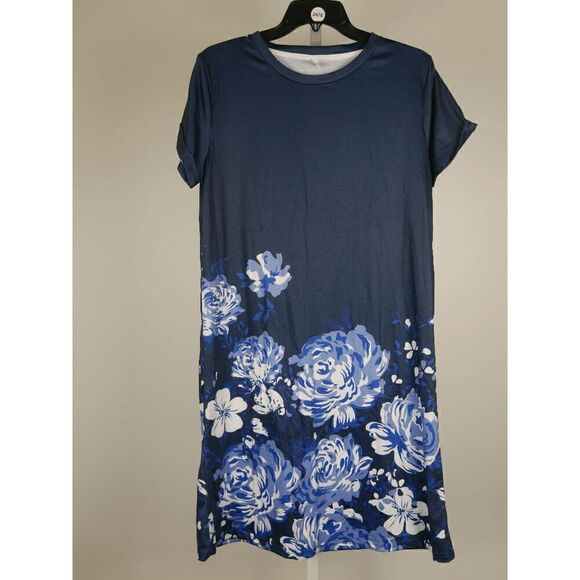 Pixie Lady Women's Blue Floral Short Sleeve T-Shirt Dress M - Picture 2 of 8